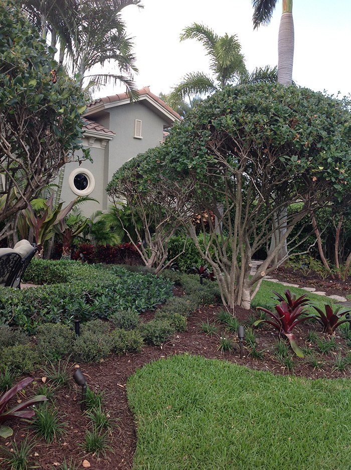 Manicured layered garden beds and lawn at a South Florida home